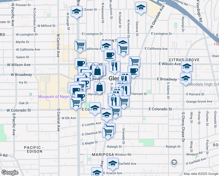 map of restaurants, bars, coffee shops, grocery stores, and more near 131 South Jackson Street in Glendale