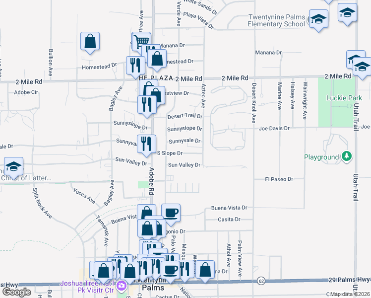 map of restaurants, bars, coffee shops, grocery stores, and more near 73838 South Slope Drive in Twentynine Palms