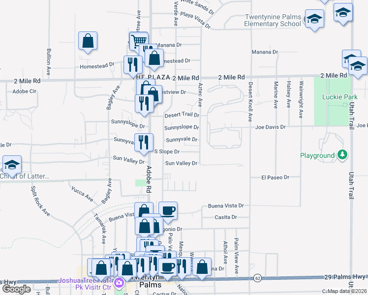 map of restaurants, bars, coffee shops, grocery stores, and more near 73838 South Slope Drive in Twentynine Palms
