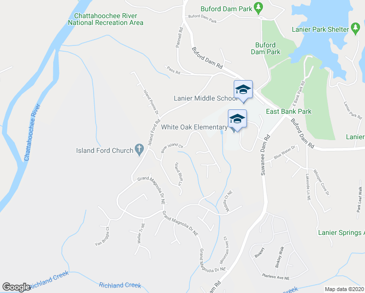 map of restaurants, bars, coffee shops, grocery stores, and more near 6855 River Island Cir in Buford