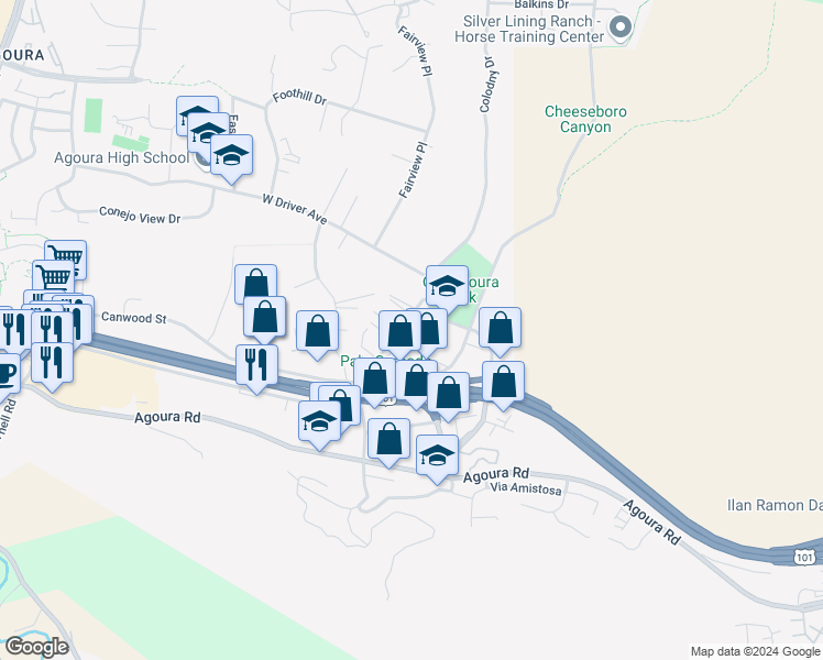 map of restaurants, bars, coffee shops, grocery stores, and more near 5310 Colodny Drive in Agoura Hills