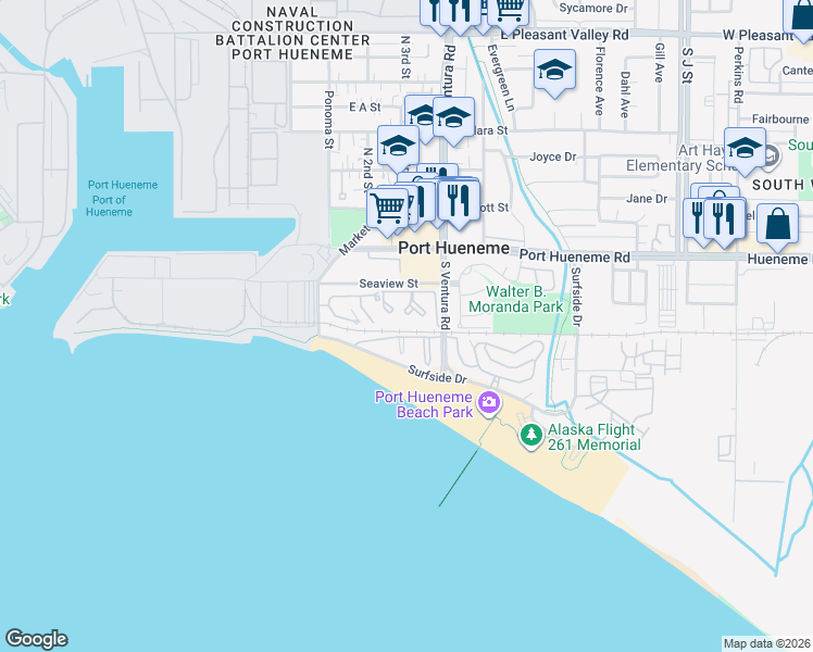 map of restaurants, bars, coffee shops, grocery stores, and more near 262 East Surfside Drive in Port Hueneme