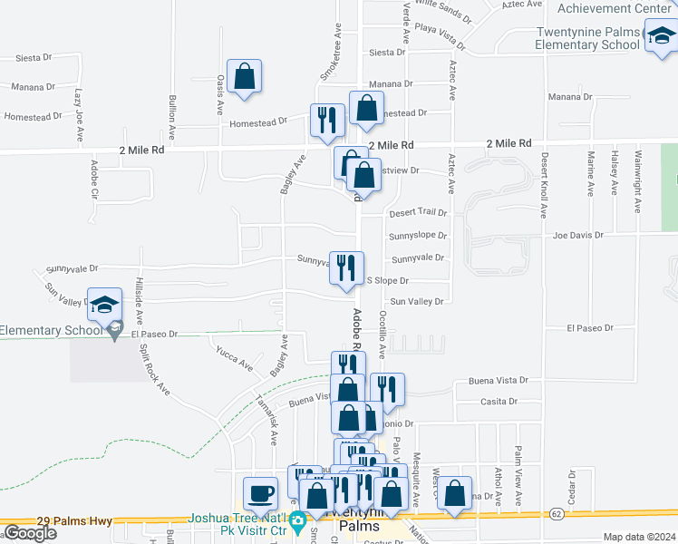 map of restaurants, bars, coffee shops, grocery stores, and more near 73675 Sunnyvale Drive in Twentynine Palms