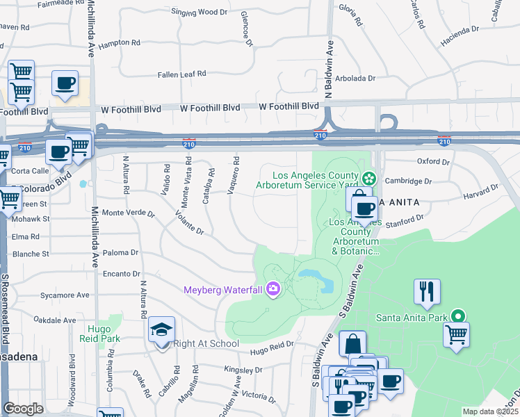 map of restaurants, bars, coffee shops, grocery stores, and more near 875 San Simeon Road in Arcadia
