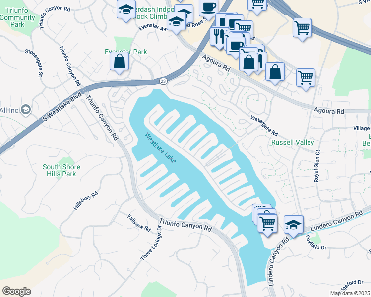 map of restaurants, bars, coffee shops, grocery stores, and more near 2567 Oakshore Drive in Westlake Village