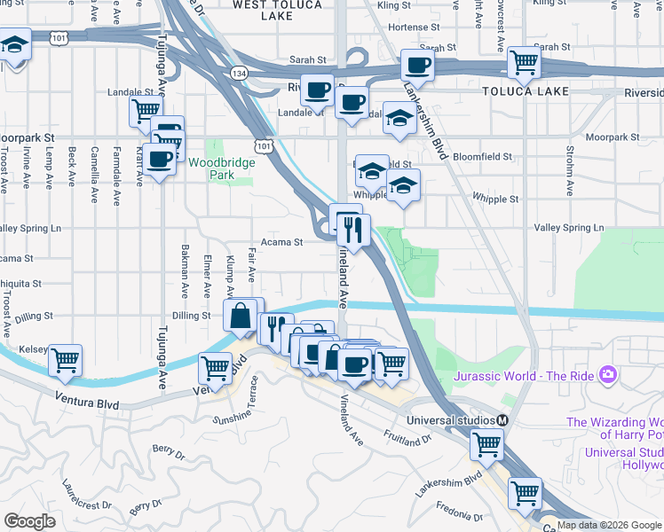 map of restaurants, bars, coffee shops, grocery stores, and more near 11015 Aqua Vista Street in Los Angeles