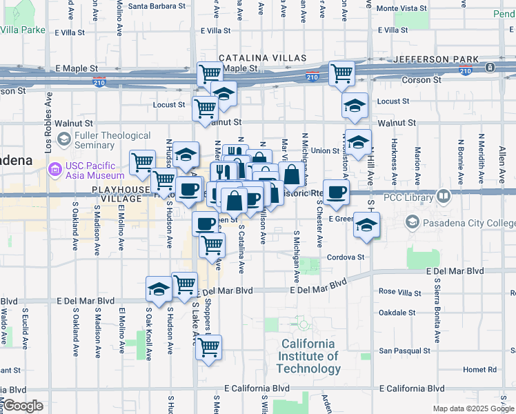 map of restaurants, bars, coffee shops, grocery stores, and more near 1092 East Green Street in Pasadena