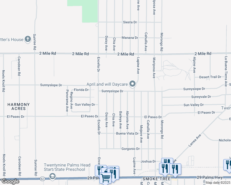 map of restaurants, bars, coffee shops, grocery stores, and more near 71807 Sunnyslope Drive in Twentynine Palms
