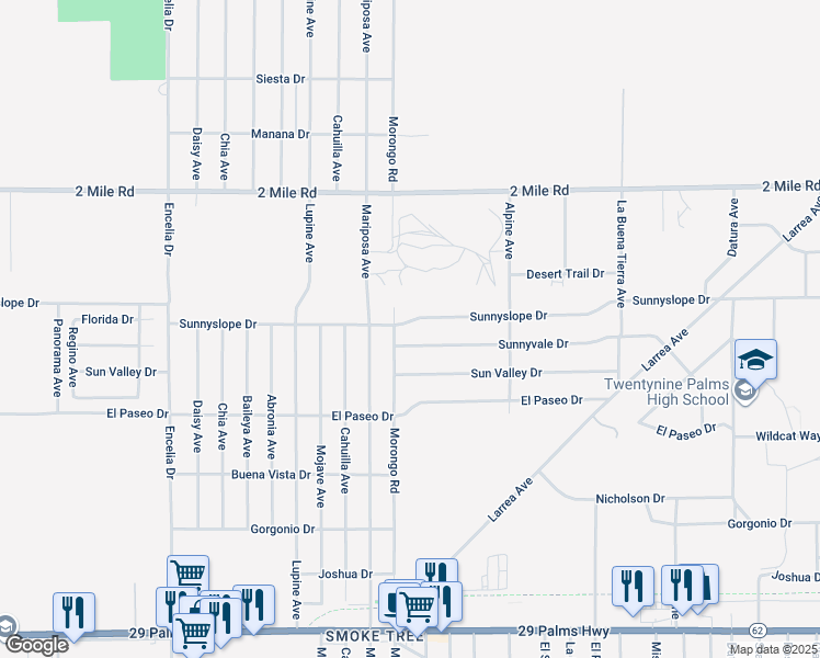 map of restaurants, bars, coffee shops, grocery stores, and more near 72133 Sunnyslope Drive in Twentynine Palms