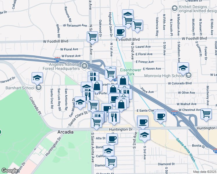 map of restaurants, bars, coffee shops, grocery stores, and more near 433 North 1st Avenue in Arcadia