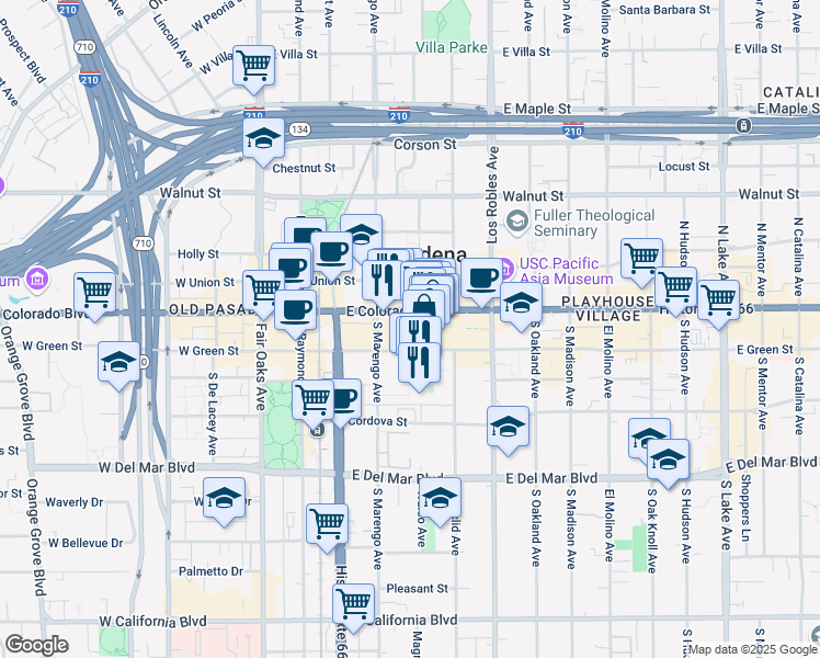map of restaurants, bars, coffee shops, grocery stores, and more near 300 East Colorado Boulevard in Pasadena