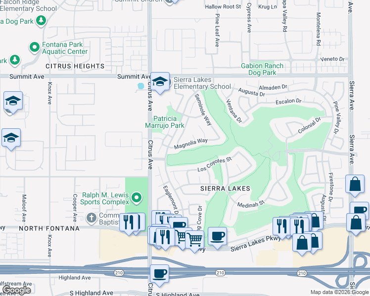 map of restaurants, bars, coffee shops, grocery stores, and more near 5942 Lakeside Court in Fontana