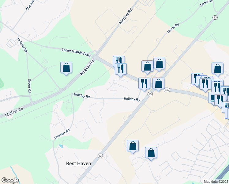 map of restaurants, bars, coffee shops, grocery stores, and more near 119 Holiday Road in Buford