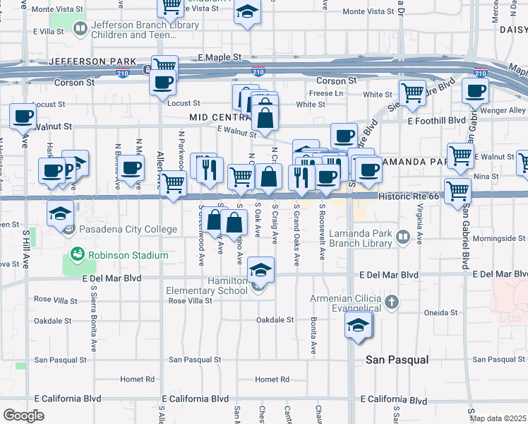 map of restaurants, bars, coffee shops, grocery stores, and more near 48 South Oak Avenue in Pasadena