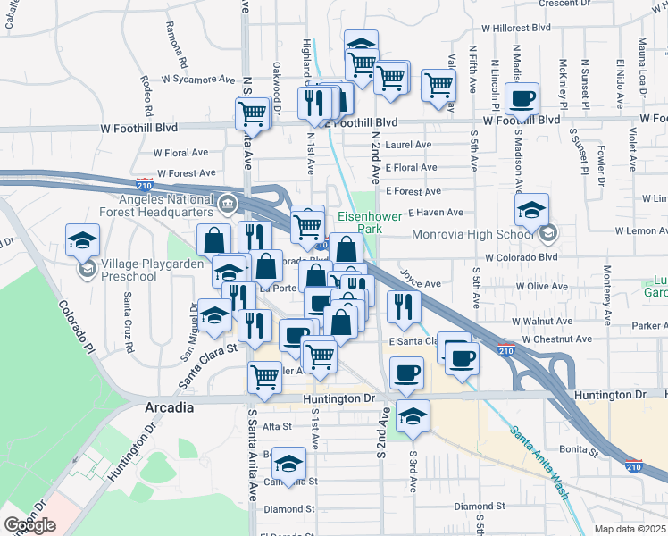 map of restaurants, bars, coffee shops, grocery stores, and more near 124 East Colorado Boulevard in Arcadia
