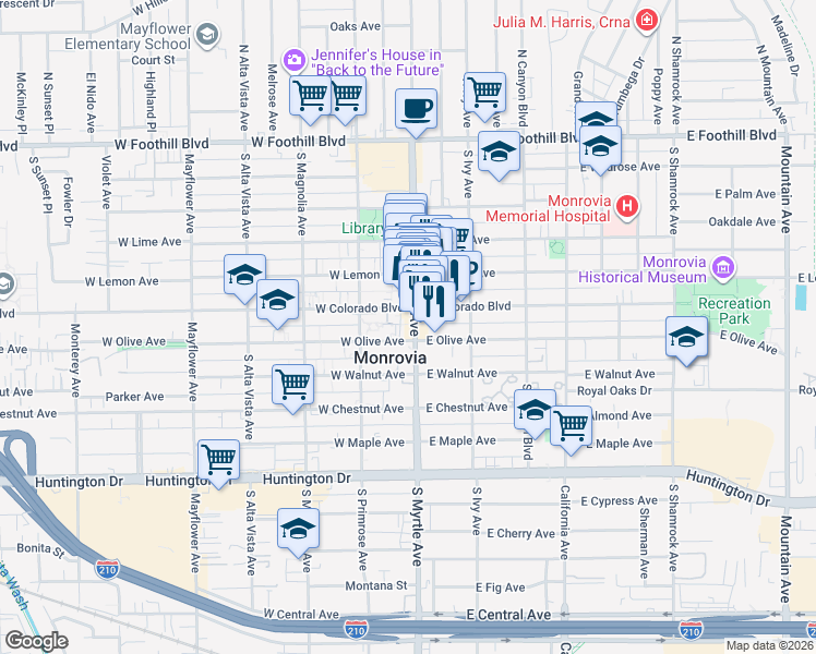 map of restaurants, bars, coffee shops, grocery stores, and more near 109 East Colorado Boulevard in Monrovia