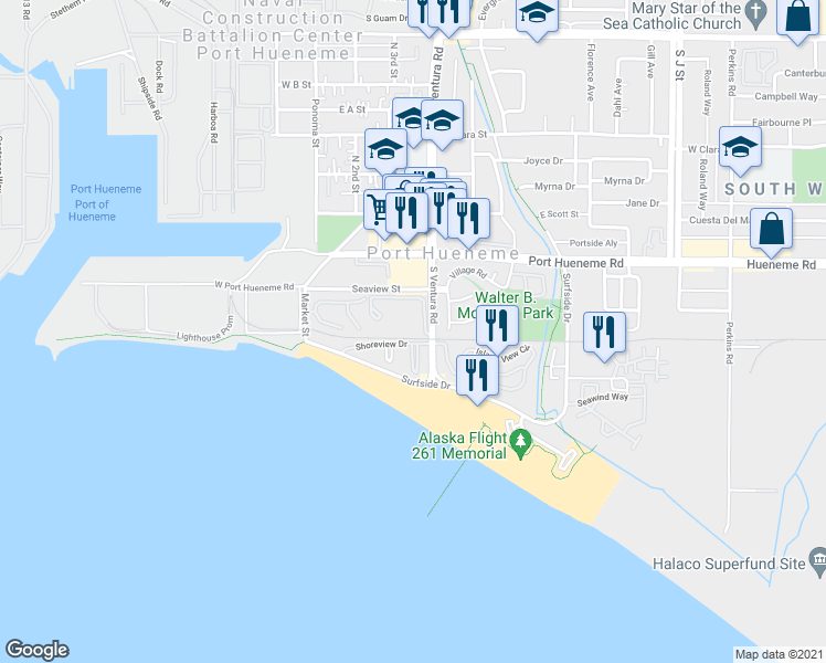 map of restaurants, bars, coffee shops, grocery stores, and more near 251 South Ventura Road in Port Hueneme