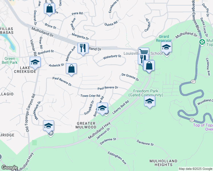 map of restaurants, bars, coffee shops, grocery stores, and more near 4200 Bon Homme Road in Calabasas