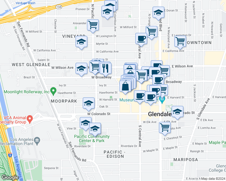 map of restaurants, bars, coffee shops, grocery stores, and more near 413 Hawthorne Street in Glendale