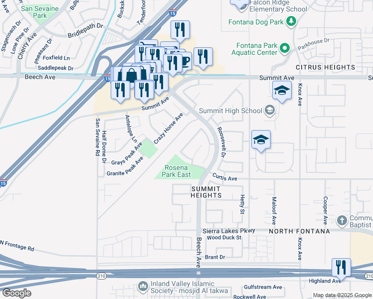 map of restaurants, bars, coffee shops, grocery stores, and more near 5967 Creekside Drive in Fontana