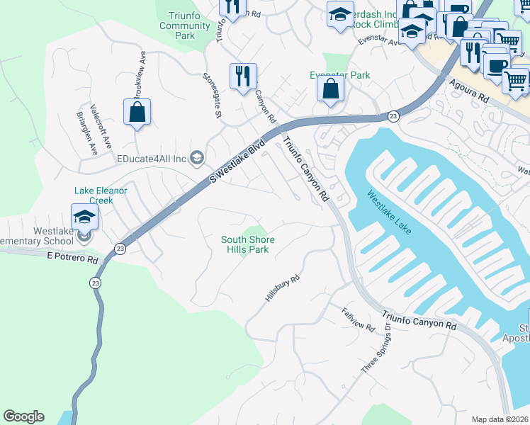 map of restaurants, bars, coffee shops, grocery stores, and more near 1461 Flinton Court in Westlake Village