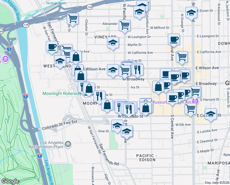 map of restaurants, bars, coffee shops, grocery stores, and more near 541 Hawthorne Street in Glendale