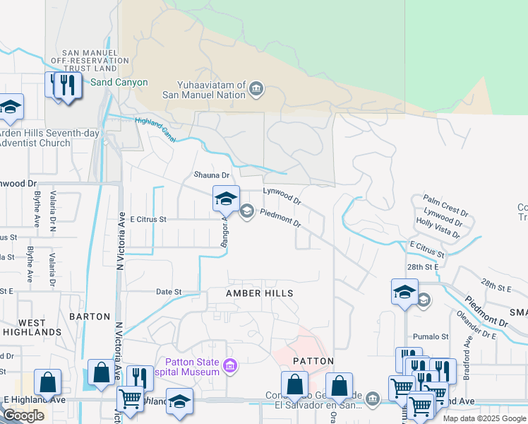 map of restaurants, bars, coffee shops, grocery stores, and more near 2055 North Central Avenue in Highland