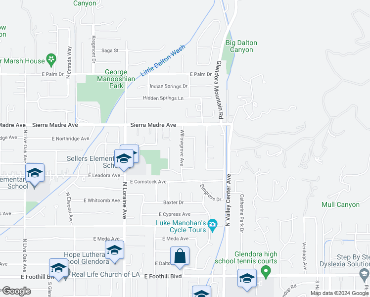 map of restaurants, bars, coffee shops, grocery stores, and more near 564 Willowgrove Avenue in Glendora