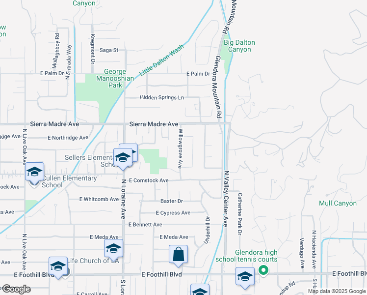 map of restaurants, bars, coffee shops, grocery stores, and more near 564 Willowgrove Avenue in Glendora