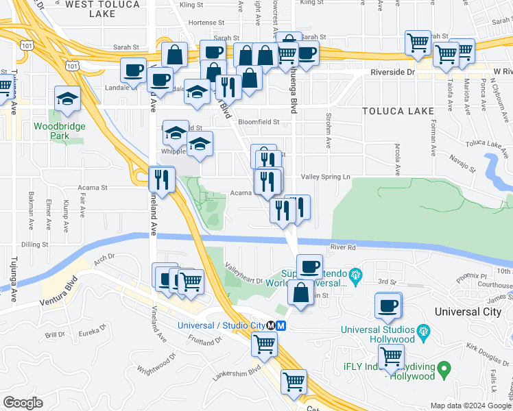 map of restaurants, bars, coffee shops, grocery stores, and more near 10729 Aqua Vista Street in Los Angeles