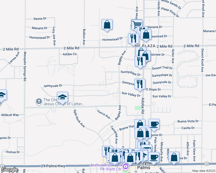 map of restaurants, bars, coffee shops, grocery stores, and more near Sunnyvale Drive in Twentynine Palms