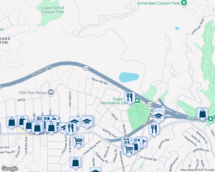 map of restaurants, bars, coffee shops, grocery stores, and more near 1278 Blue Hill Road in Los Angeles