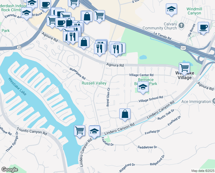 map of restaurants, bars, coffee shops, grocery stores, and more near 32001 Watergate Court in Westlake Village