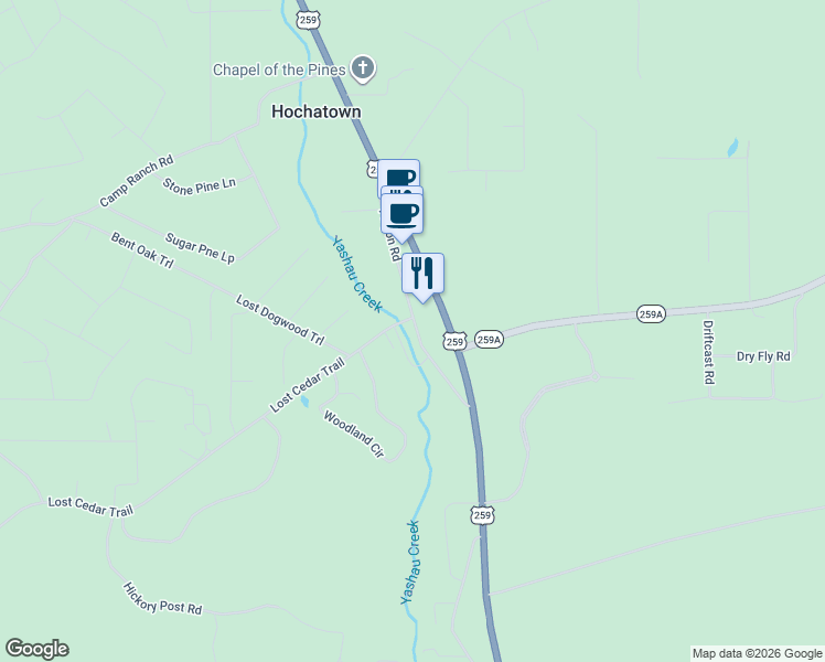 map of restaurants, bars, coffee shops, grocery stores, and more near Pinyon Road in Broken Bow
