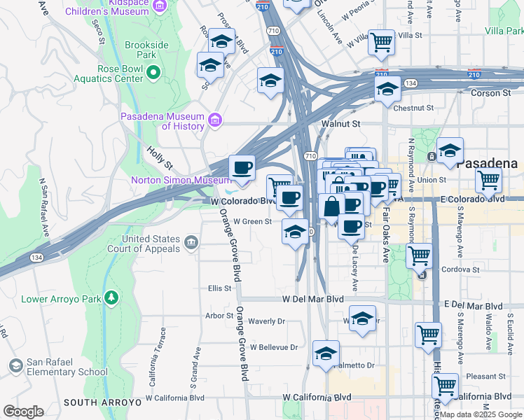 map of restaurants, bars, coffee shops, grocery stores, and more near 399 West Colorado Boulevard in Pasadena