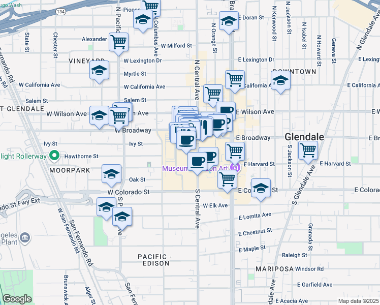 map of restaurants, bars, coffee shops, grocery stores, and more near 1106 Galleria Way in Glendale