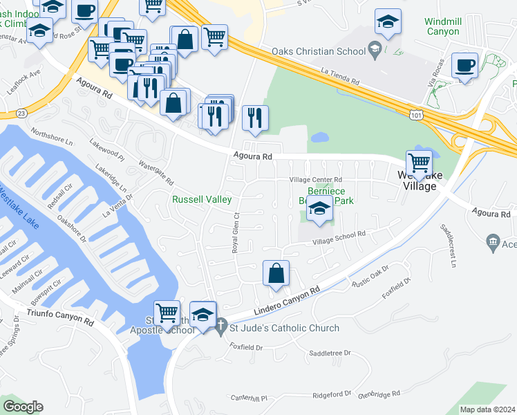 map of restaurants, bars, coffee shops, grocery stores, and more near 31907 Watergate Court in Westlake Village