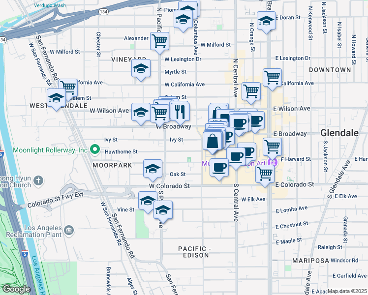 map of restaurants, bars, coffee shops, grocery stores, and more near 435 Hawthorne Street in Glendale