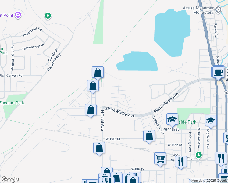 map of restaurants, bars, coffee shops, grocery stores, and more near 1195 West Calle De Las Estrellas in Azusa