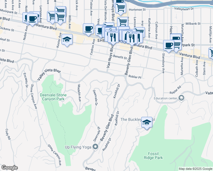 map of restaurants, bars, coffee shops, grocery stores, and more near 14550 Round Valley Drive in Los Angeles