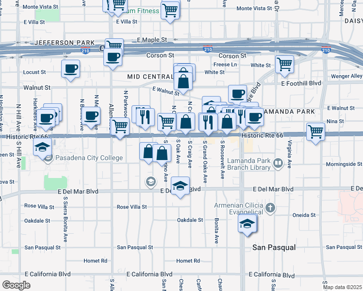 map of restaurants, bars, coffee shops, grocery stores, and more near 48 South Oak Avenue in Pasadena