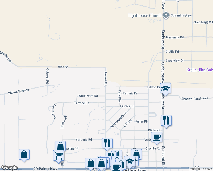 map of restaurants, bars, coffee shops, grocery stores, and more near Hilltop Drive in Joshua Tree