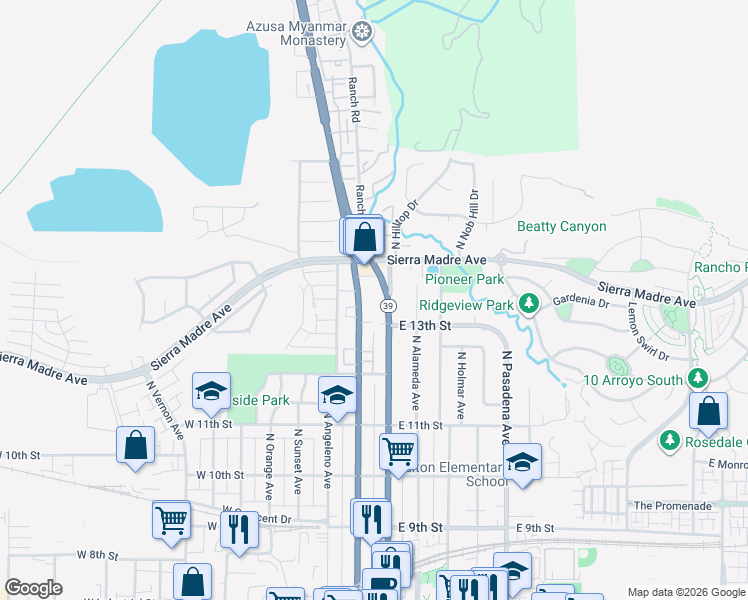 map of restaurants, bars, coffee shops, grocery stores, and more near 1362 North Azusa Drive in Azusa