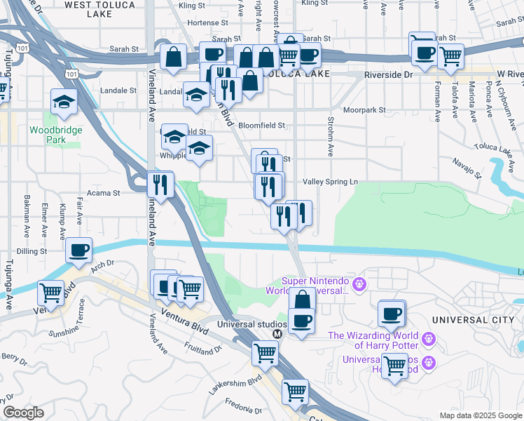 map of restaurants, bars, coffee shops, grocery stores, and more near 10721 Aqua Vista Street in Los Angeles