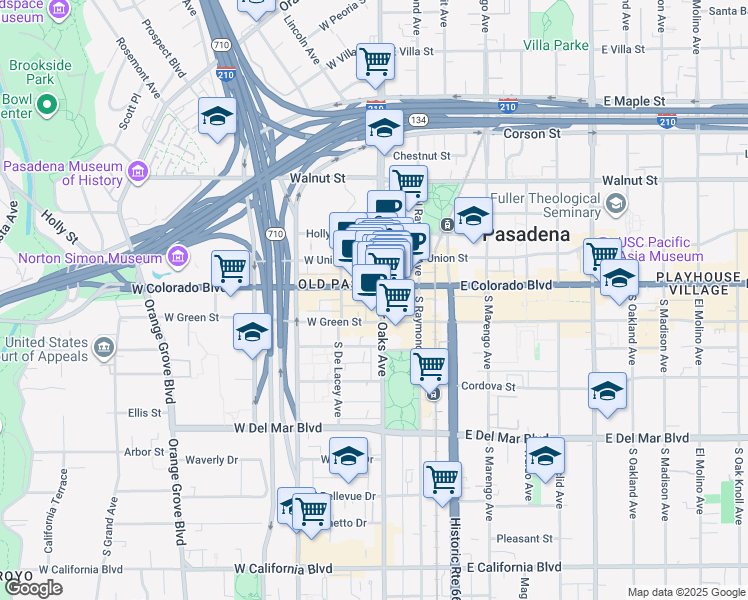 map of restaurants, bars, coffee shops, grocery stores, and more near 1 North Fair Oaks Avenue in Pasadena