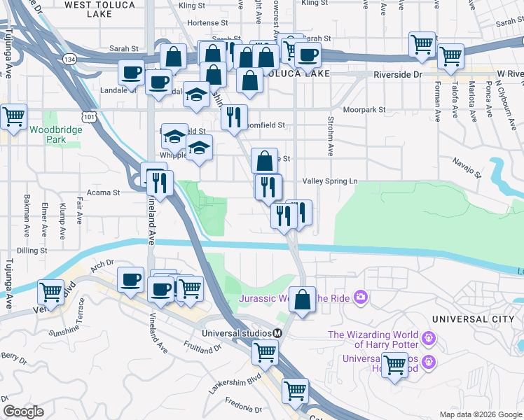 map of restaurants, bars, coffee shops, grocery stores, and more near 10721 Aqua Vista Street in Los Angeles