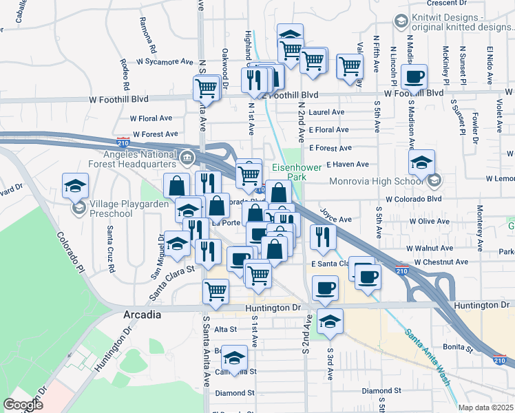 map of restaurants, bars, coffee shops, grocery stores, and more near 109 East Colorado Boulevard in Arcadia