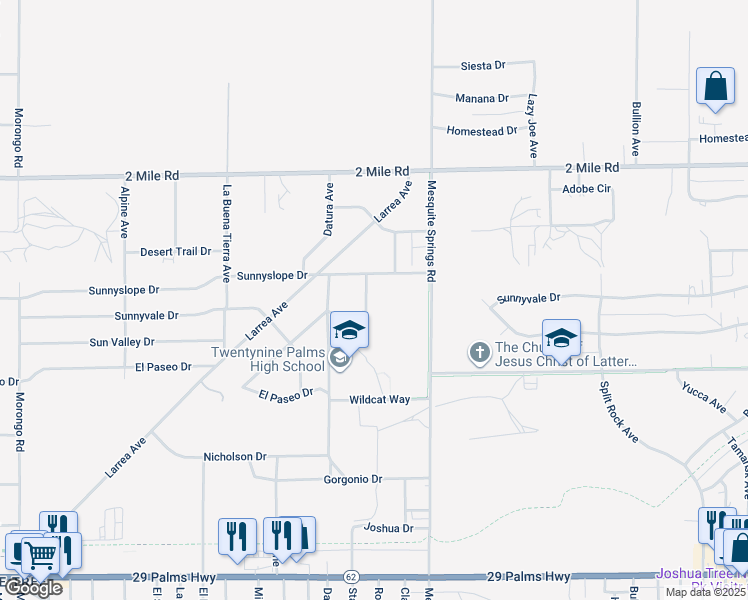 map of restaurants, bars, coffee shops, grocery stores, and more near 5911 Rose Ellen Avenue in Twentynine Palms