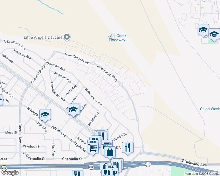map of restaurants, bars, coffee shops, grocery stores, and more near 355 East Country Club Drive in Rialto