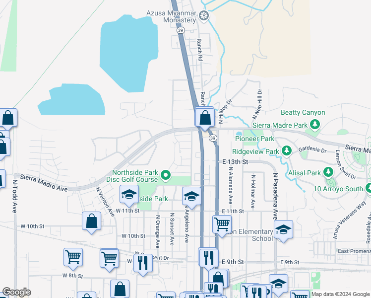map of restaurants, bars, coffee shops, grocery stores, and more near 363 West Indian Dunes Lane in Azusa